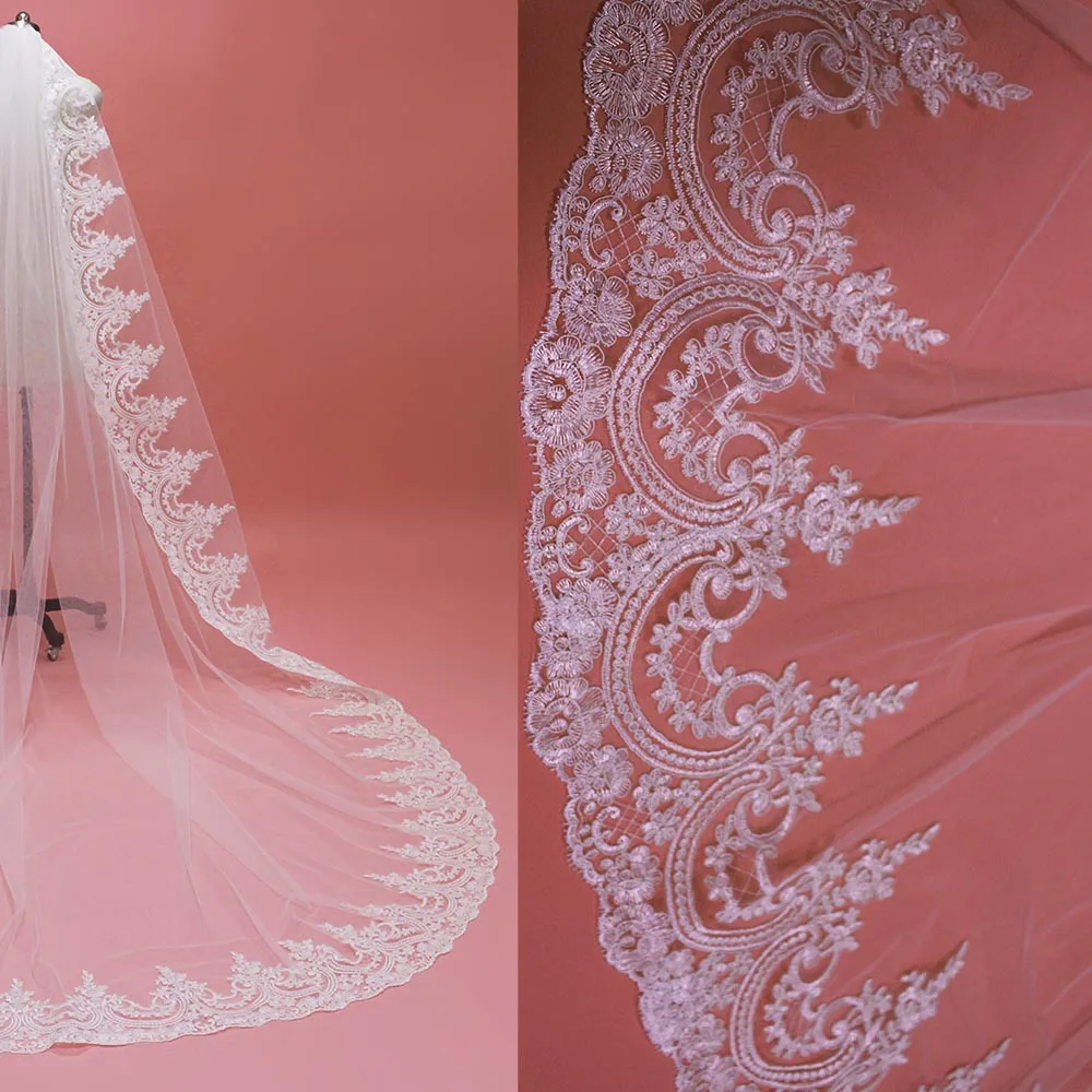 Nieuwe Collectie Mantilla Lace Lange Wedding Veil met Kam 3 Meter Kathedraal Een Laag Bruidssluier Veu De Noiva