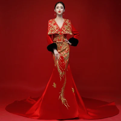 luxury red with golden embroidery mermaid dress cosplay stage performance carnival studio party show red carpet dress