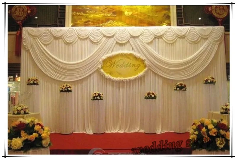 

3M*6M white ice silk wedding backdrop curtain with swags Wedding Props Satin Drape pleated Wedding Stage Decorations Backdrops