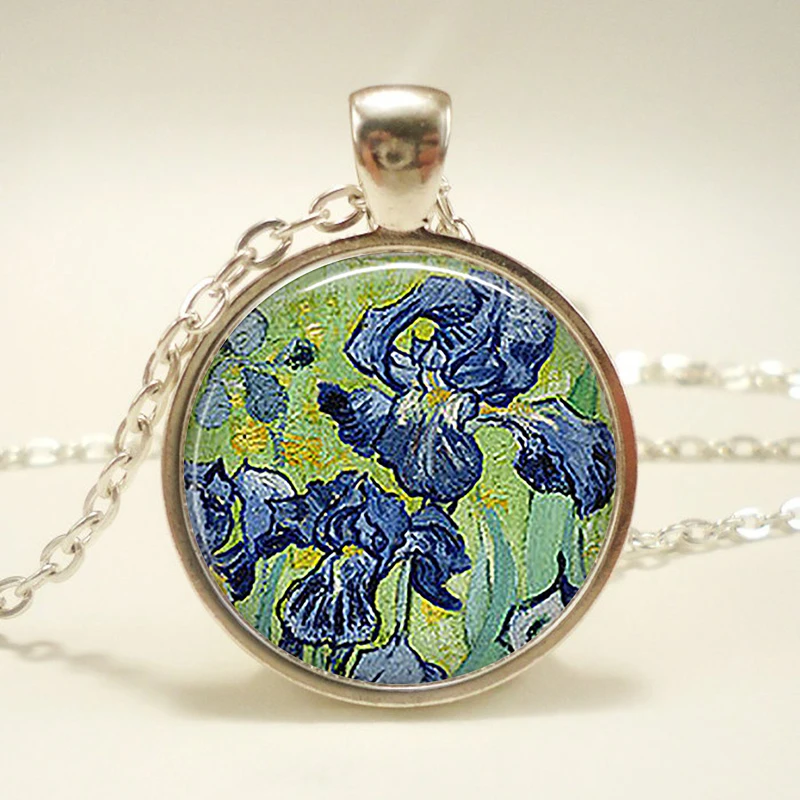 Glass Cabochon Van Gogh Irises Pendant Art Picture Iris Necklace Gardener's Gift Vintage Fashion Women Men Jewelry Accessories