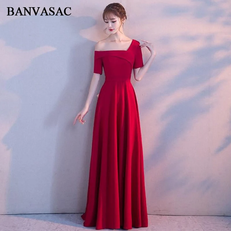 

BANVASAC 2018 Boat Neck Draped Sash A Line Long Evening Dresses Party Asymmetrical Short Sleeve Backless Prom Gowns