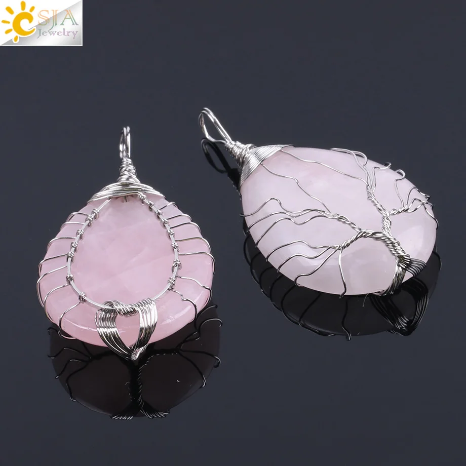 CSJA Natural Stone Pink Quartz Necklace & Pendant Silver-color Tree of Life Wire Wrapped Water Drop Shape for Women Jewelry F122