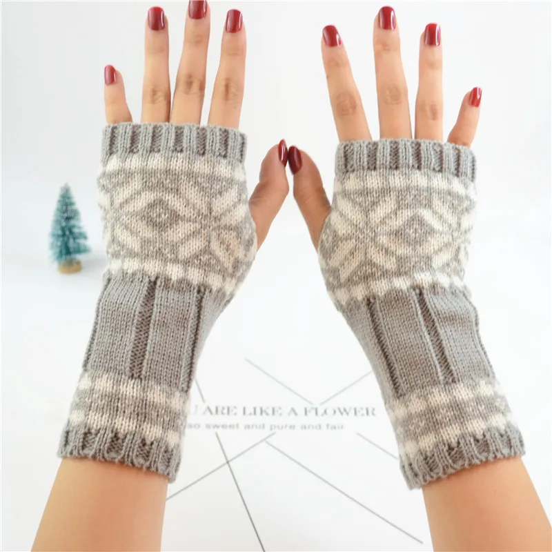 Women Short Stretch Wool Knit Half Finger Touch Screen Mittens Female Winter Warm Arm Crochet Snowflake Fingerless Gloves B77