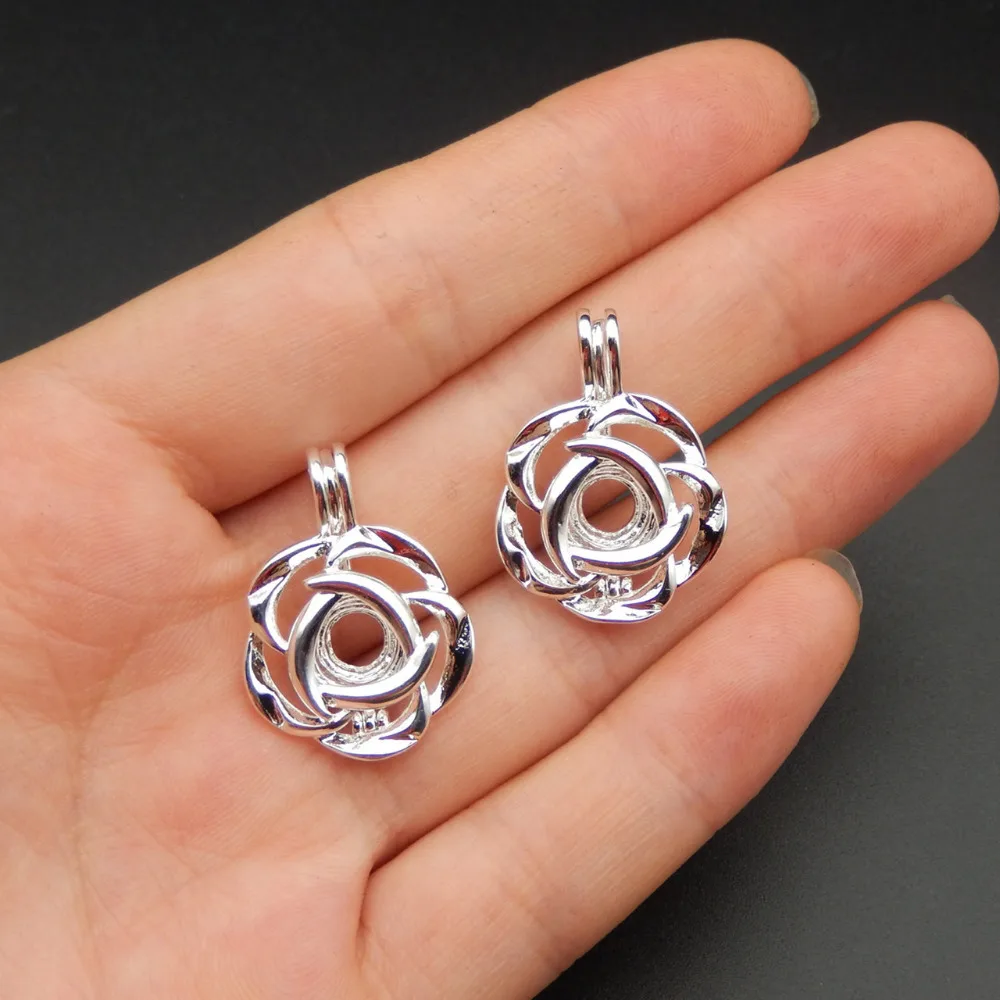 

10pcs Bright Silver Flower Pearl Cage Necklace Pendant Aroma Oil Diffuser Adds Your Own Pearl Stone Makes it More Attractive