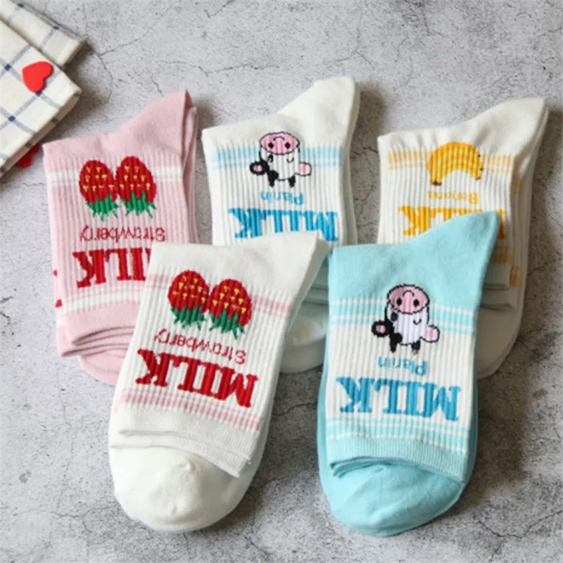 10 Pairs Japanese Kawaii Strawberry Banana Milk Cow Ankle Socks Cute Lovely Girls Lolita Sweet Fruit Milk Juice Patterned Socks