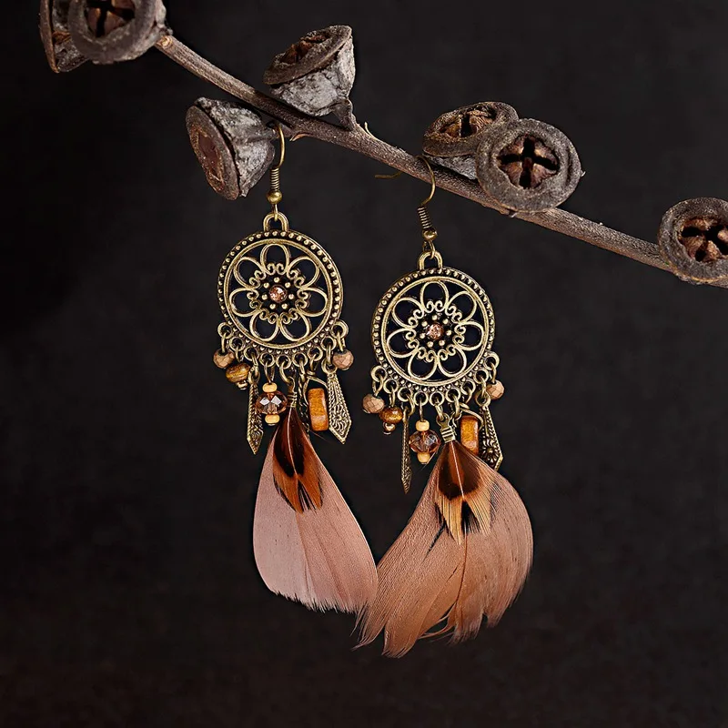 Amader Retro Dreamcatcher Shaped Feather Pendant Round Earrings For Women Ethnic Style Feather Earrings Orecchini Etnici HQE423