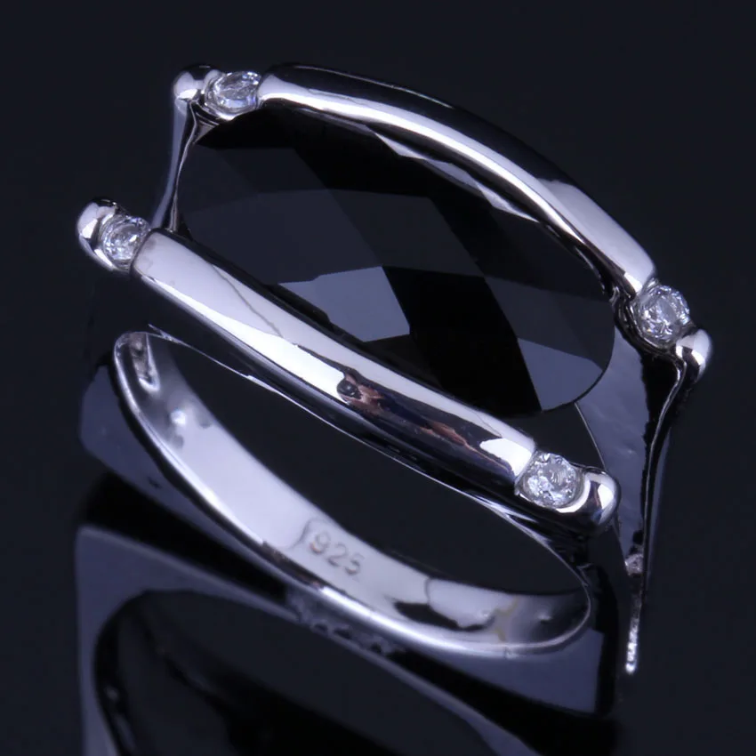 Perfect Oval Black Cubic Zirconia White CZ Silver Plated Ring V0660