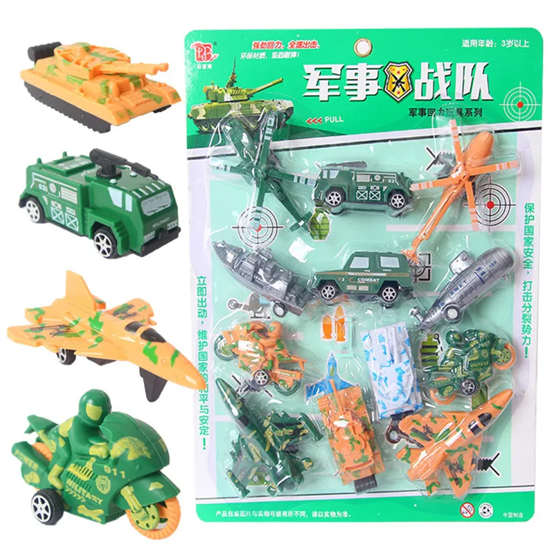 12PCS/LOT Return Car Model Tank Military Suit Vehicle Toy Military War Interaction Mini Plane Motorcycle Early Childhood Gift