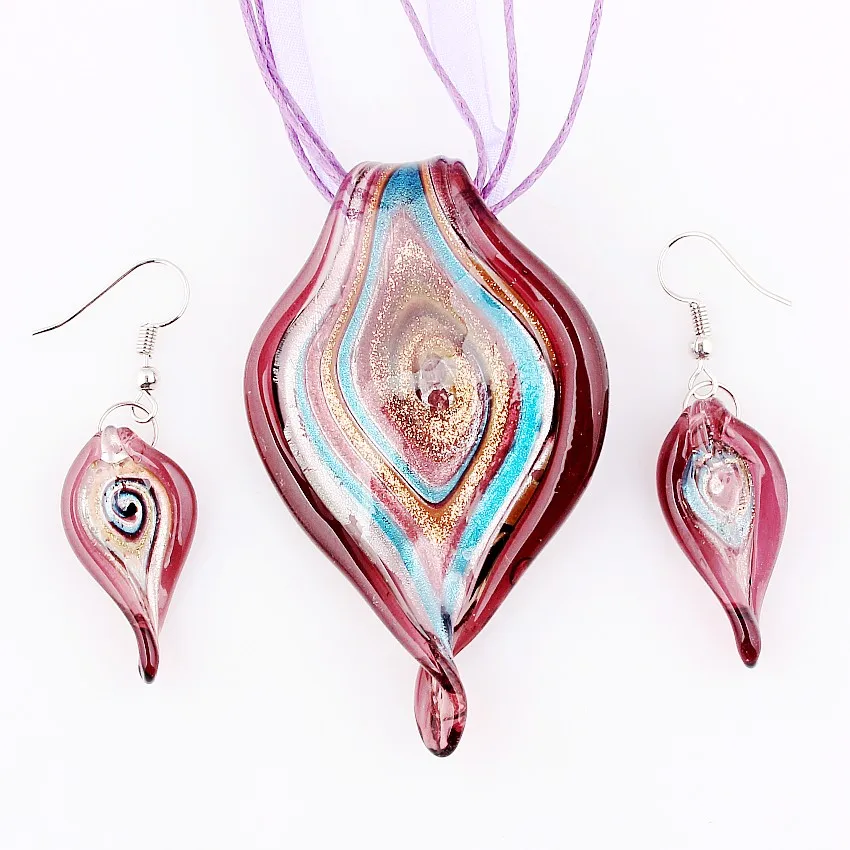 QianBei Wholesale Bulk 6sets Murano Lampwork Glass Big Leaves Pendant Beauty Charms Necklace Earrings For Women Gift