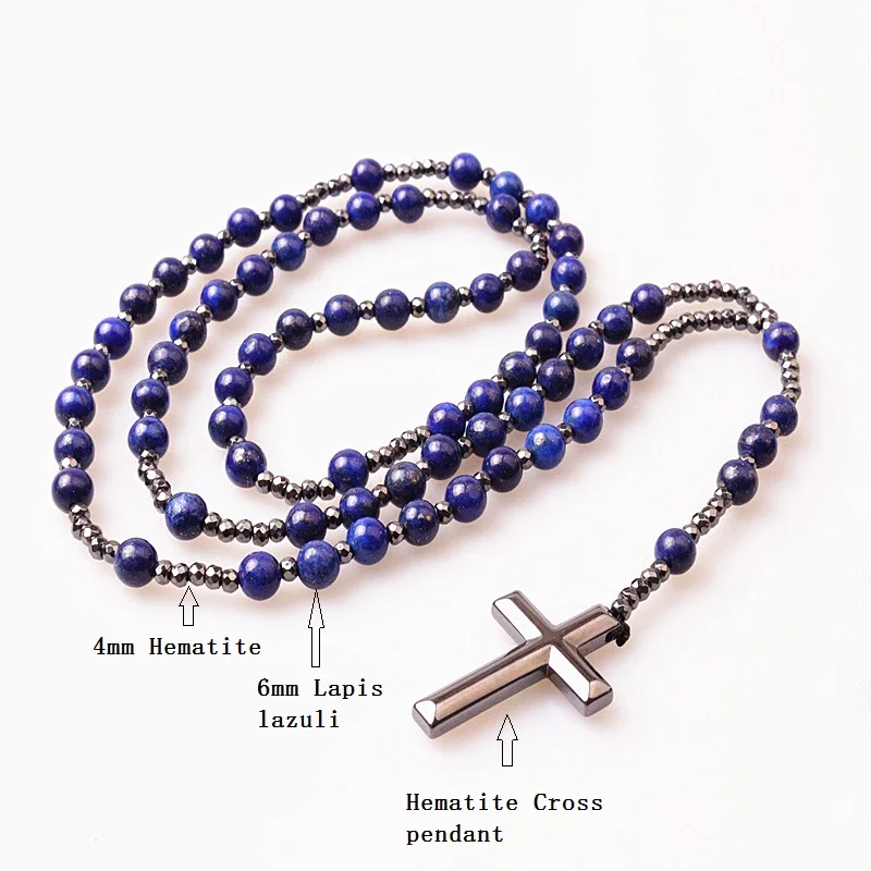 6mm Lapis Lazuli Stone Bead Hematite Cross Pendant For Men Women Catholic Christ Rosary Cross Pendant Necklace  Dropshipping