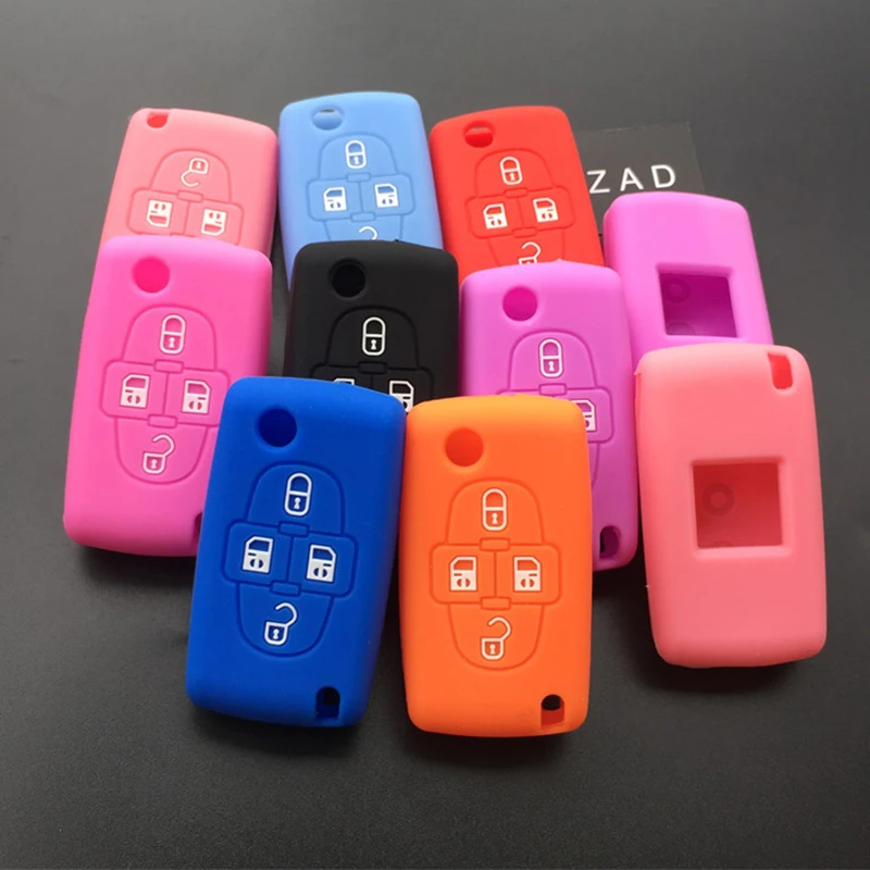 ZAD Silicone rubber car key case cover set holder for Peugeot 1007 for Citroen C8 4 Buttons Remote Key protect case Shell