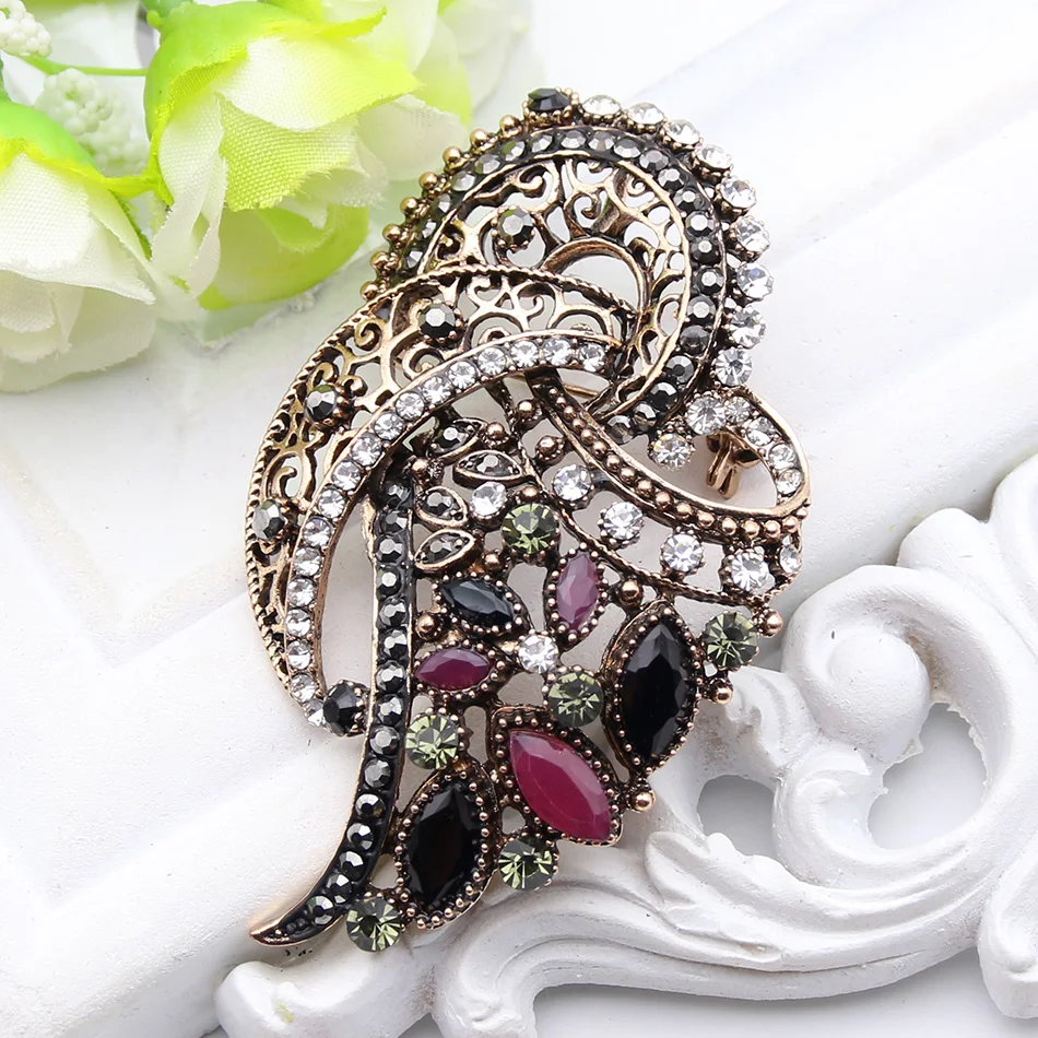 vintage Women Bow Turkish Brooch Multicolor Resin Flower Jewelry Hollow Out Antique Gold Color Brooch Broches Festival Gift