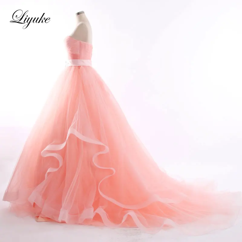 Piega Del Vestito Liyuke Senza Spalline Una Linea di Abiti Da Sera Elegante di Nuovo Arrivo Pavimento-Lunghezza Organza Rosa Gonna Con Perline Sash