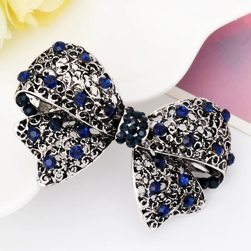 EASYA 2022 New Fashion Blue Crystal Rhinestone Bowknot Barrettes Hair Clips Vintage Elegant Bowknot Hair Accessories Ornaments