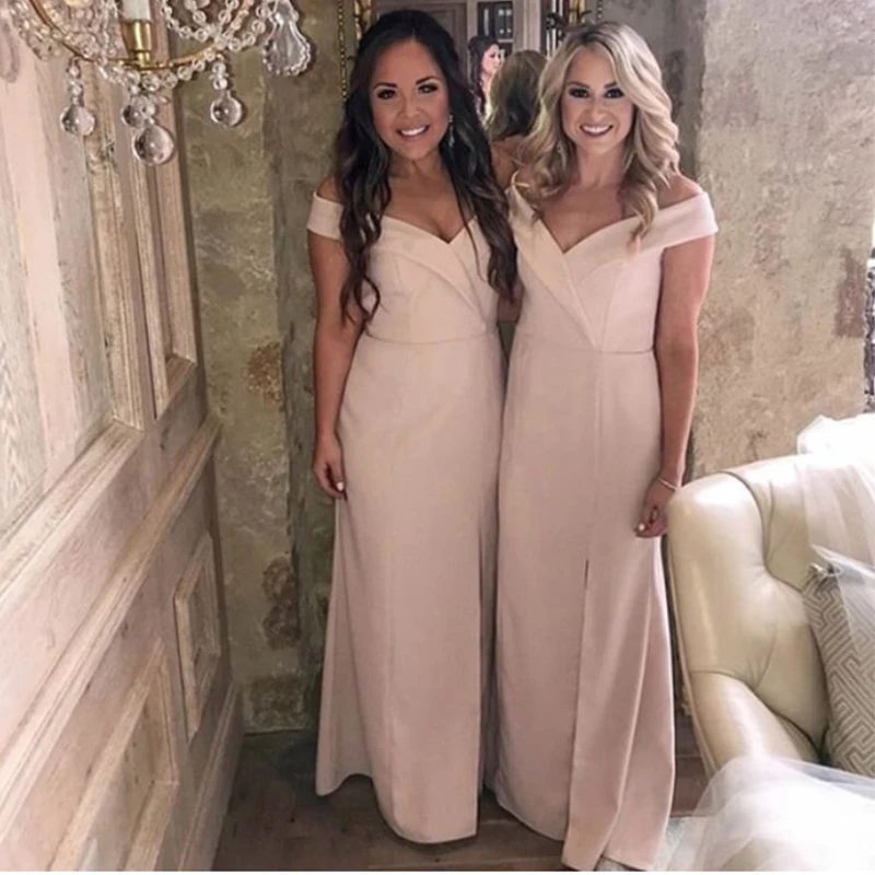 Off Shoulder Blush Pink Bridesmaid Dress Elastic Satin Long Wedding Guest Dresses Front Split Simple Wedding Party Dress Cheap