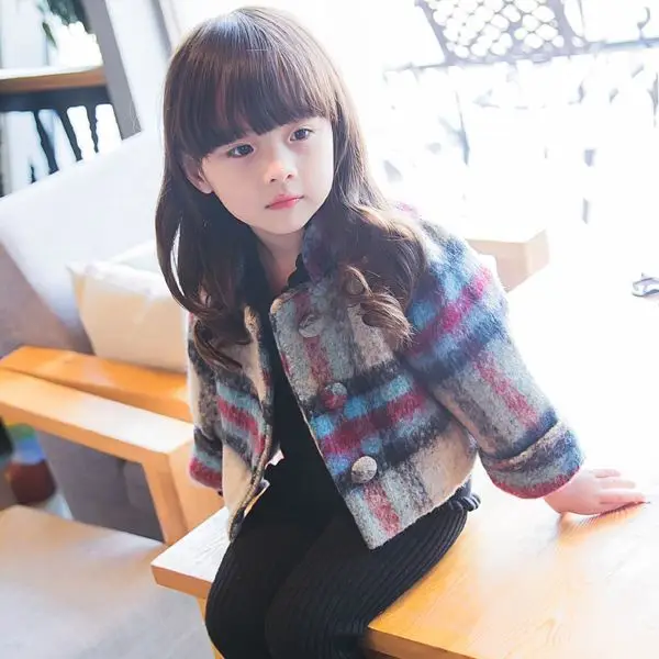 

Hot 2023 Spring Fall New Girls Short Woolen Coat Korean Quilted Lattice Outerwear Baby Kids Cute Overcoat Children's Jacket X234