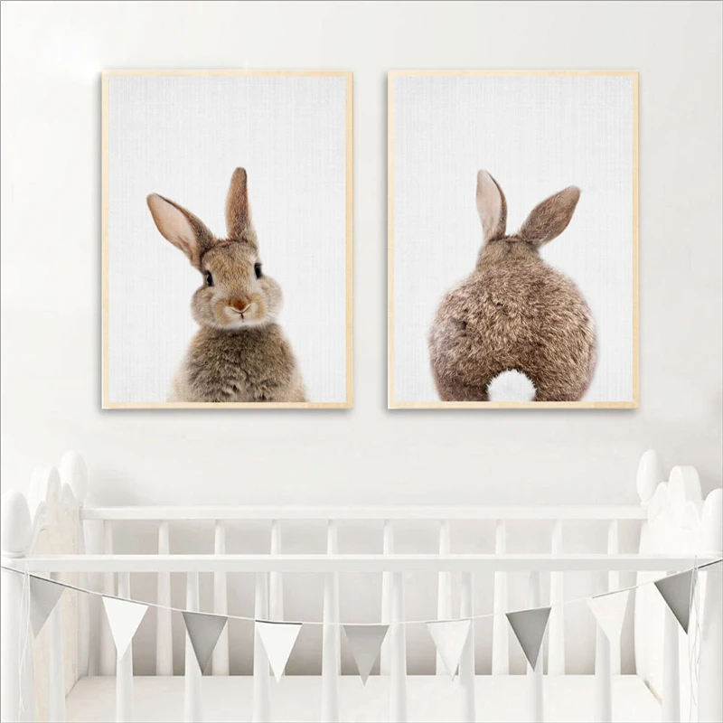 Bunny Rabbit Canvas Painting Woodlands Nursery Decor Animal Picture Rabbit Wall Art Prints Modern Baby Room Decoration