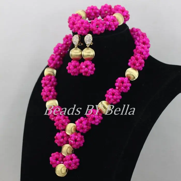 Hot Opaque Fuchsia Crystal Beads Balls Necklace Nigerian Wedding African Beads Bridal Jewelry Sets  ABF452