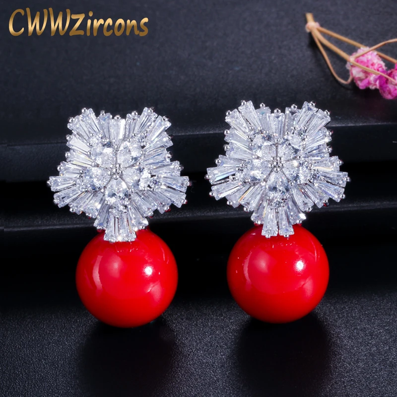 CWWZircons Fashion OL Style Silver Color Cubic Zirconia Setting Large Flower Stud Earrings with Pearls Jewelry for Women CZ282