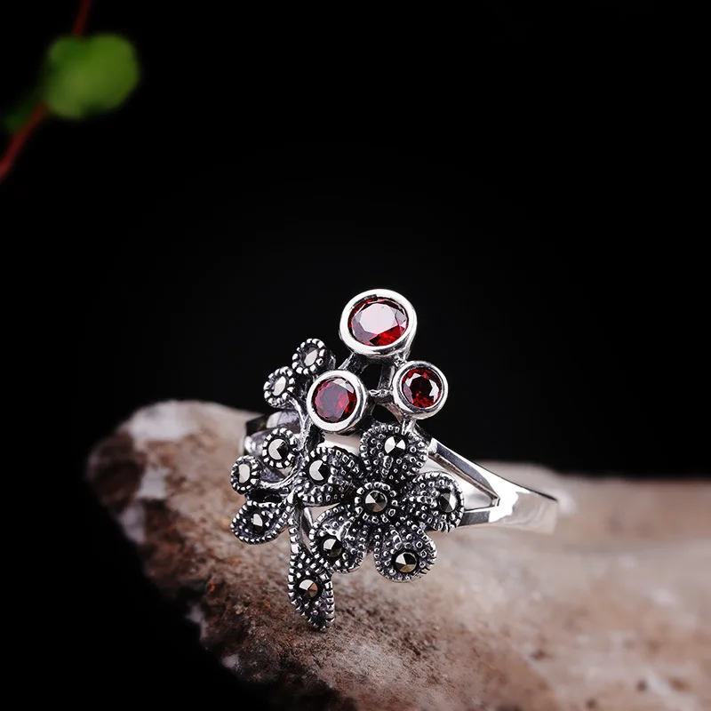 

100%S925 sterling silver jewelry women's open plum pomegranate red ring free shipping