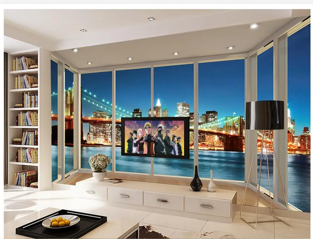 

3d customized wallpaper Floor balcony outside the window scenery Brooklyn Bridge night view Home Decoration