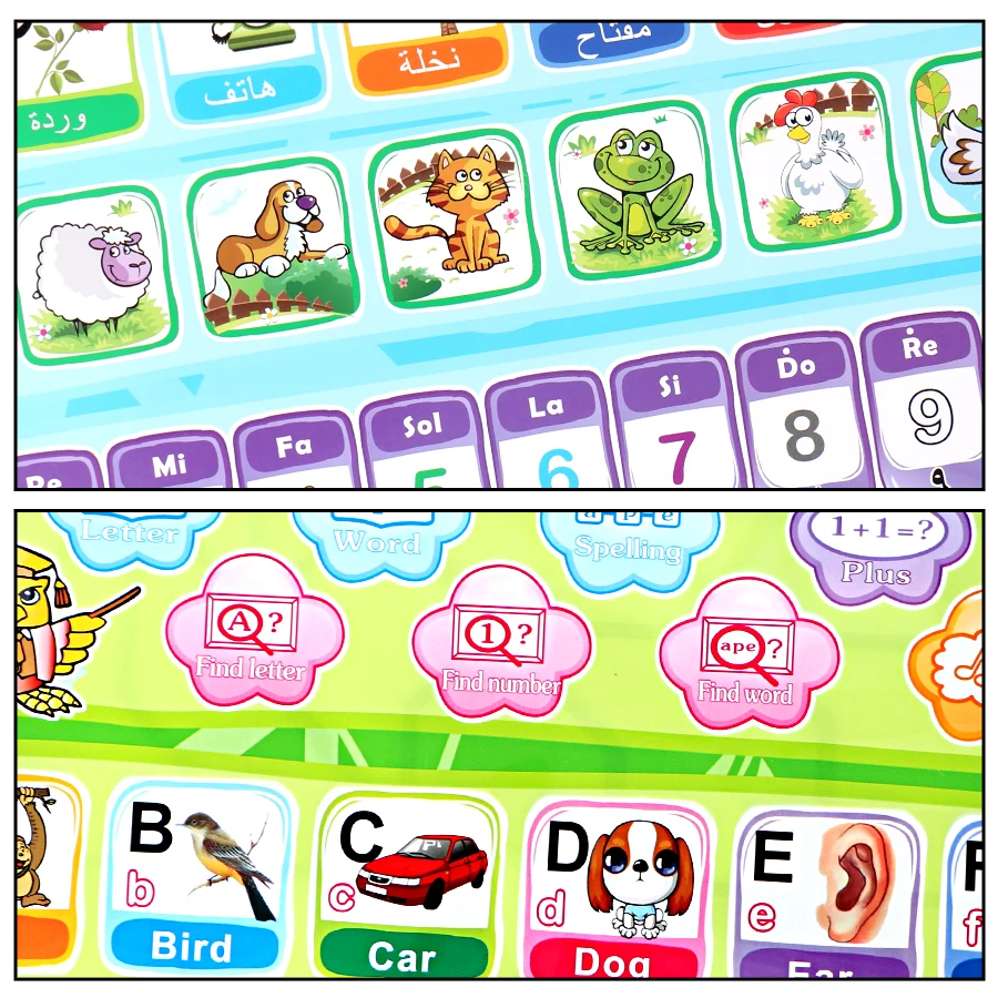 Double sided Phonic wall hanging chart arabic and english language,for kid learning number,alphabet,words multifunction machine