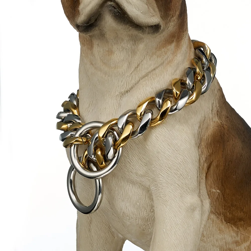 Hip Hop 19mm 12-32 Inch Tone Double Colors Curb Cuban Rombo Link Stainless Steel Dog Chain Collar Wholesale Drop Shipping