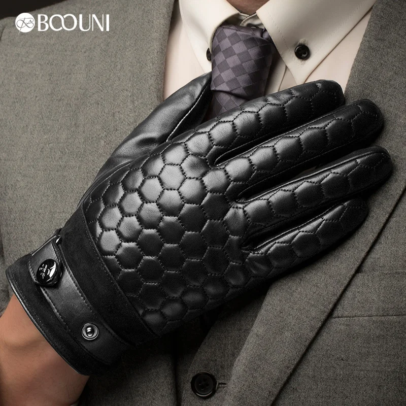 Genuine Leather Men Gloves Fashion Plaid Black Business Sheepskin Driving Glove Winter Thicken Warm Five Finger NM764