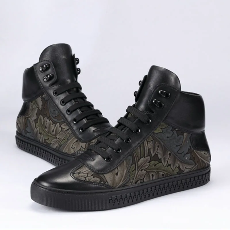 Fashion Brand High Top Sneakers Men Fall Winter Genuine Leather Warm Cotton Shoes Flower Print Black Casual Shoes Mens Flats