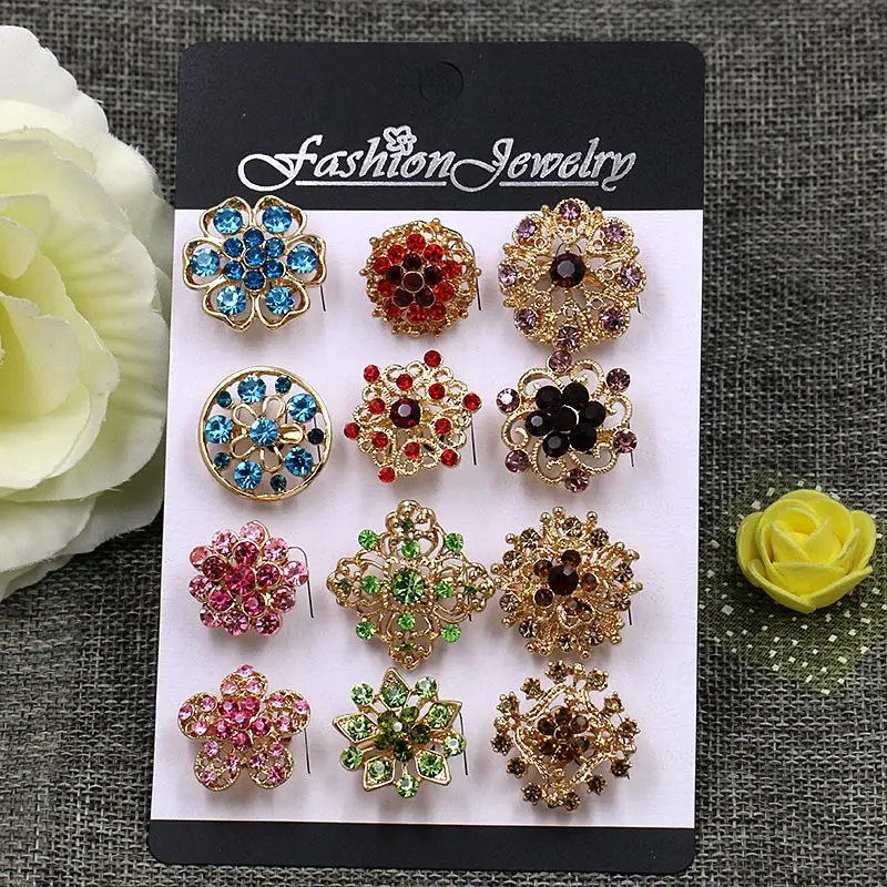 Baiduqiandu Brand 12 PCS Mixed Multi-Color Crystal Rhinestones Flower Design Small and Cute Brooch Set Wedding Bouquets DIY Pins