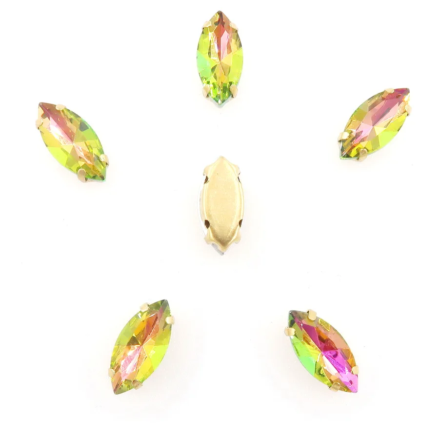 Navette-förmige Goldkrallenfassungen, 20 Stück, Regenbogenfarbene Glaskristalle, 7*15mm, zum Aufnähen, Pferdeaugen-Kristalle, für Taschen, DIY-Besatz – Detail 6