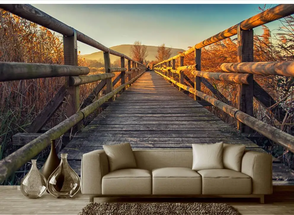 Custom Any Size TV Background Wall Mural Wall Paper Original Naked Eye 3D Space Wooden Bridge Background Wall Painting