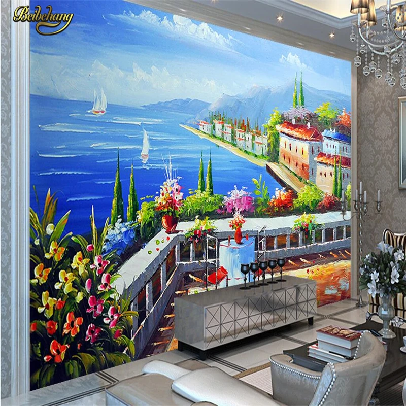 

beibehang Mediterranean seaside garden Large Custom Mural Wall paper Living Room Background Photo Wallpaper Painting wall murals