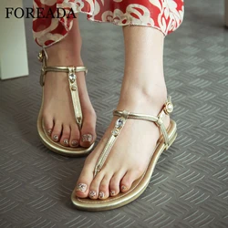 FOREADA Women Shoes Summer Sandals Genuine Leather Crystal Flat Shoes Buckle Open Toe T-Strap Sandals Ladies Gold Plus Size 3-12