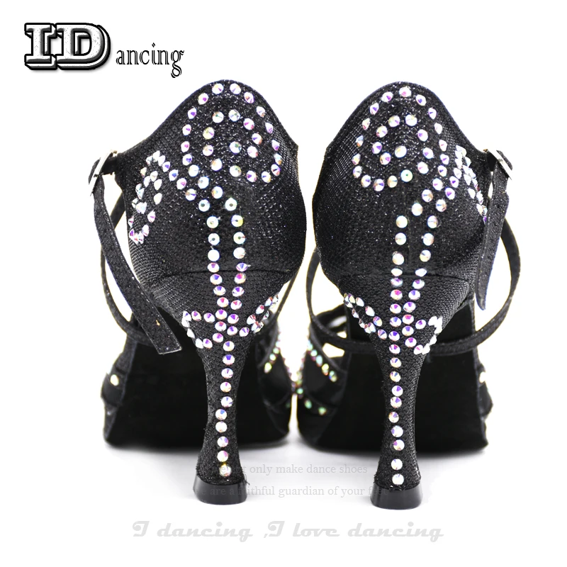 Women Latin Dance Shoes Tango Dance Shoes Rhinestone Wedding Shoes Salsa Shoes with Platform Black High Heel JuseDanc