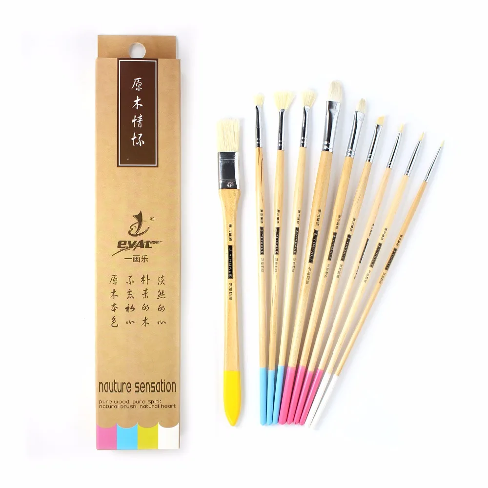 10 pcs/Boxed high quality Hog Hair Brush Acrylic Painting Brush Bristle   Oil Painting Brush Set Wood Handle Painting Brushes