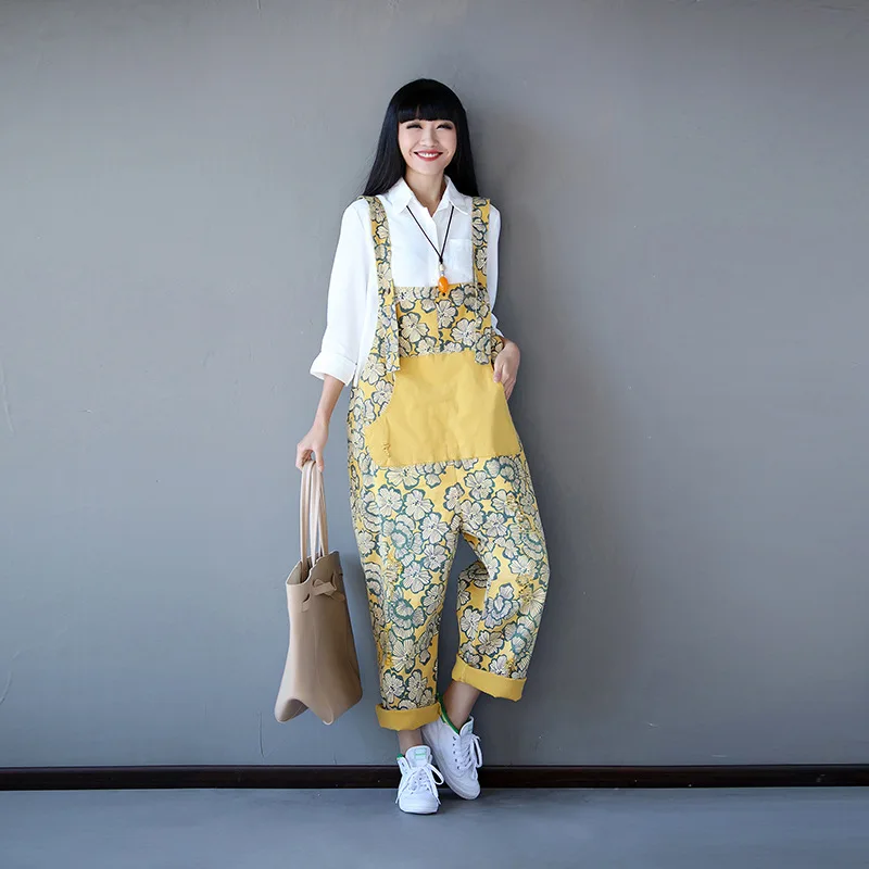 

Women Wide Leg Jumpsuit Korean Style Cute Bib Overalls Fashion Casual Suspender Harem Pants Floral Print Drop Crotch Rompers