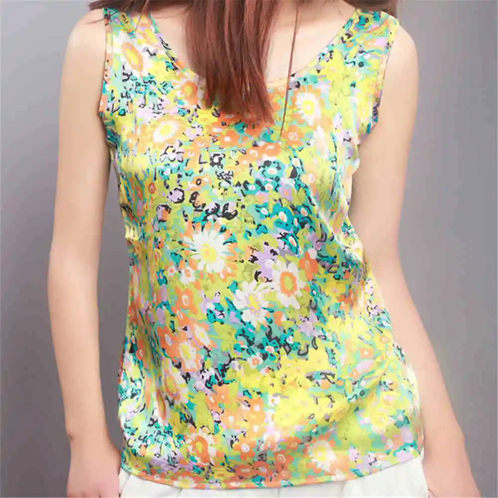 100% pure silk women tank tops basic tops floral silk sleeveless top fashion summer clothing fit M L XL XXL