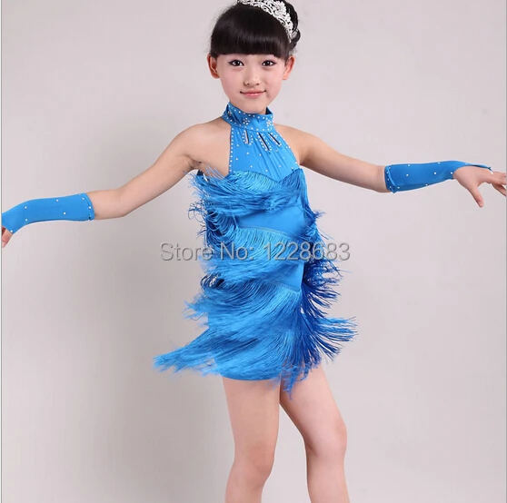 New 2020 Children Kids Blue Yellow Pink Stage Performance Competition Fringe Dance Costumes / Latin Fringe Dress For Girls