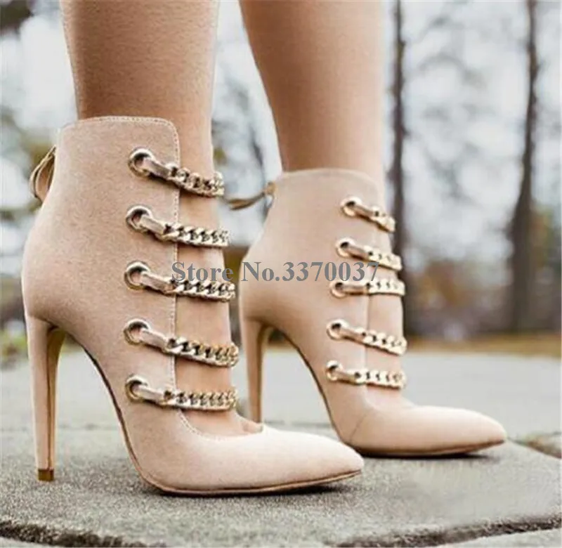 Women Spring New Fashion Pointed Toe Suede Leather Gold Chain Design Gladiator Short Boots Cut-out High Heel Ankle Boots