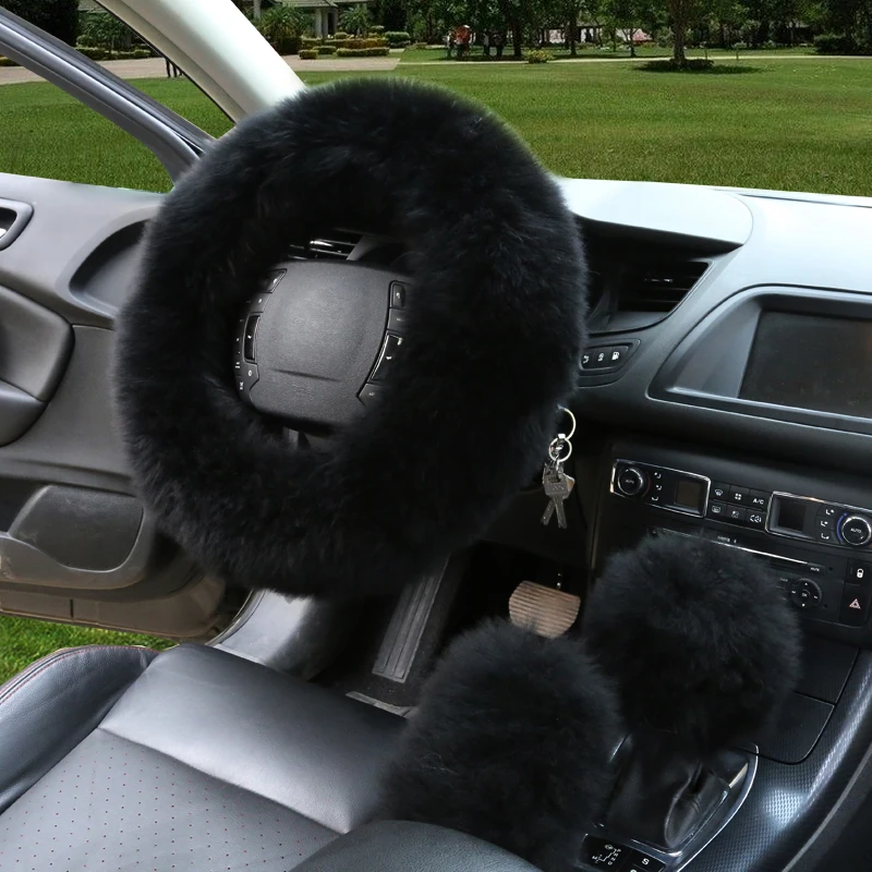 HuiER 3pcs/set Winter Car Steering-wheel Cover 7 Colors Long Australian Wool Heated Fur Genuine Leather Steering Wheel Cover