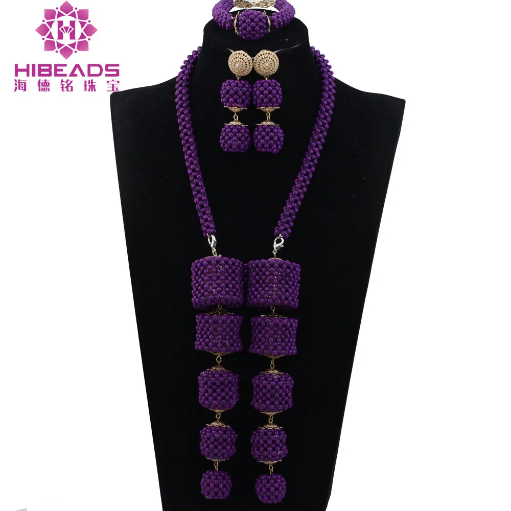 Latest Design Nigerian Wedding African Beads Jewellery Sets Purple Bridal Crystal Jewelry Sets Pendant Statement Necklace ABH463