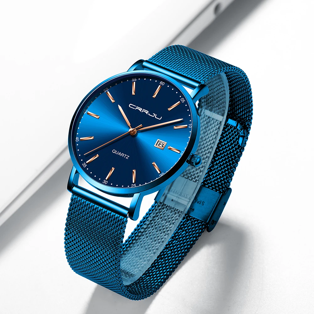 Reloj hombre CRRJU Top Brand di Lusso Blu Impermeabile Orologi Alla Moda Sottili Data Casual Orologio Al Quarzo Degli Uomini di Sport Della Maglia