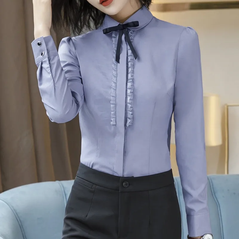 New Elegant Women Lace Shirt Temperament Formal Bow Tie Long Sleeve Slim Blouses Office Ladies Work Tops White Gray