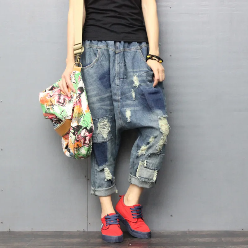 TIYIHAILEY Ankle Length Pants for Women, Denim Trousers, Elastic Waist, Casual Patchwork 3/4 Pants with Holes New Fashion 2025