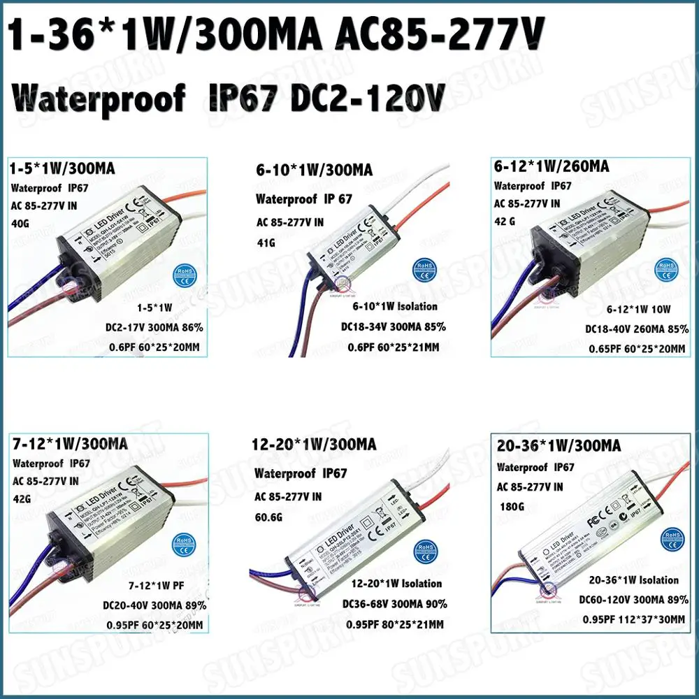 

Водонепроницаемый PFC 1-36 Вт AC85-277V светодиодный драйвер 1-5x1W 6-10x1W 7-12x1W 12-20x1W 20-36x1W 300mA DC2-120V постоянного тока Бесплатная доставка