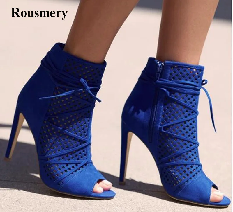 

Women New Fashion Open Toe Blue Suede Leather Lace-up Gladiator Boots Cut-out Breathable High Heel Ankle Boots Dress Shoes