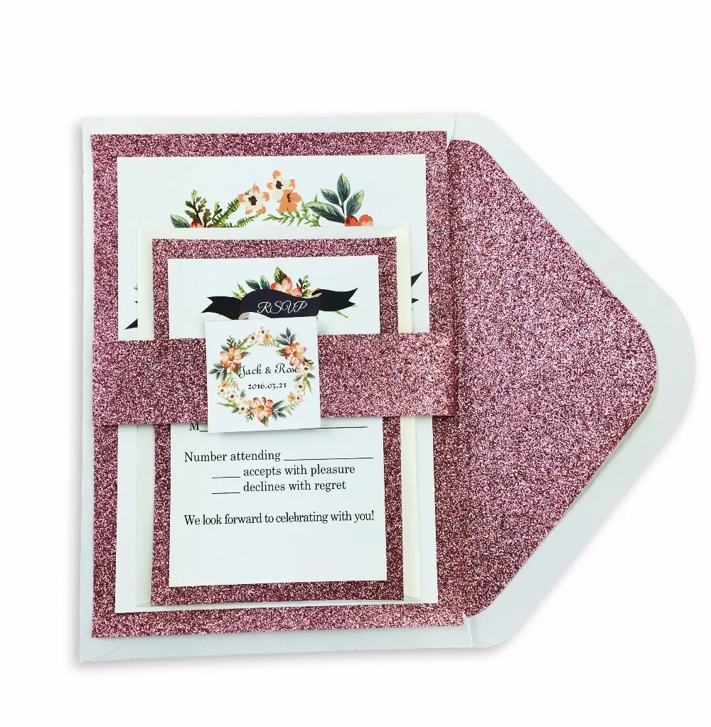 

30pcs/lot glitter liner envelop with floral invitation and RSVP invitation set ( including belly band and tag)