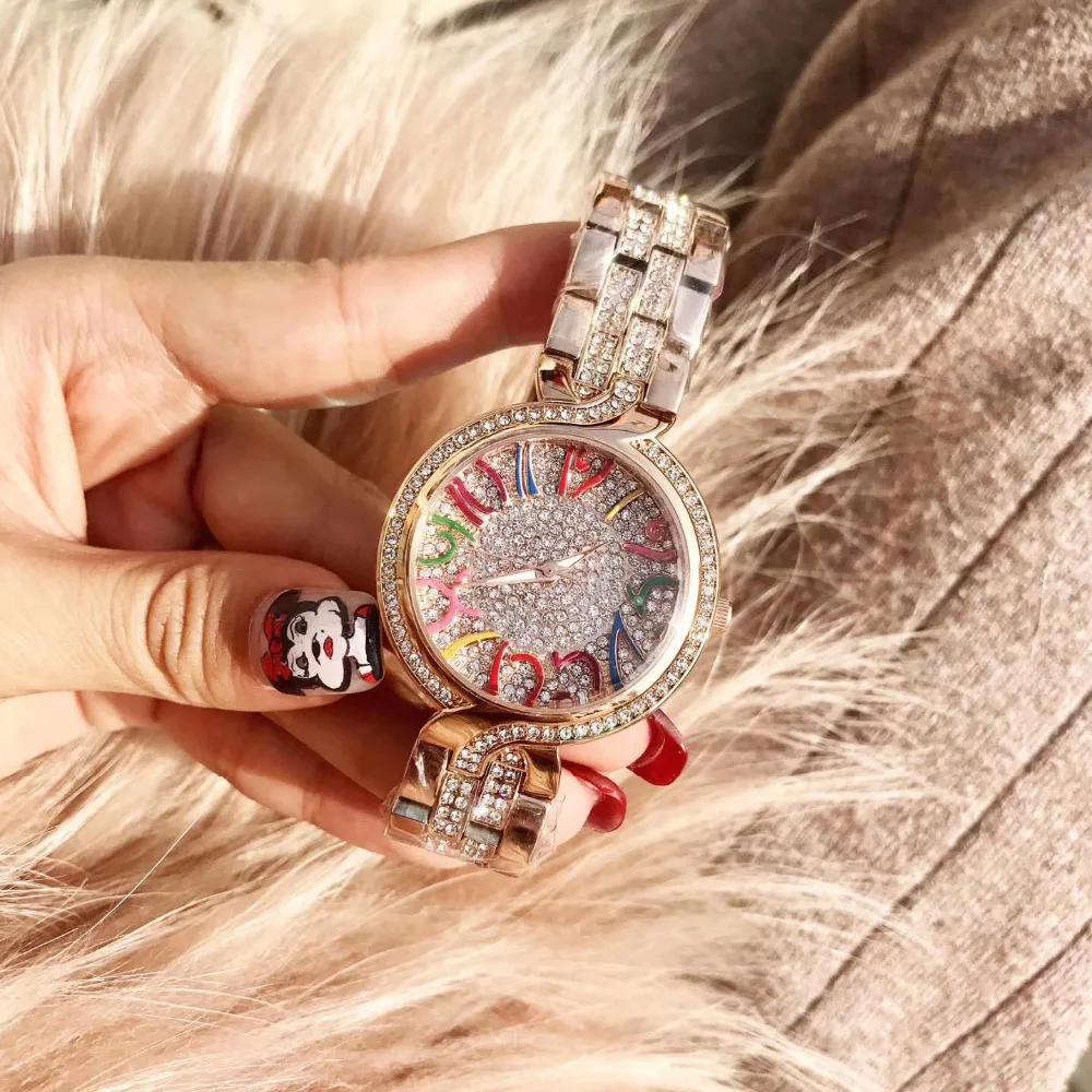 Colorful Big Numbers Women Full Crystals Watches Luxury Rhinestones Jewelry Watch Full Steel Bracelet Waterproof Quartz Montre