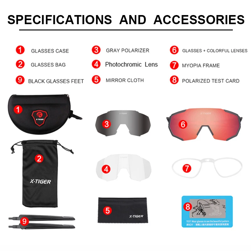 X-TIGER Photochromic Polarized Cycling Glasses Outdoor Sports MTB Bicycle Bike Sunglasses Goggles Bike Eyewear Myopia Frame